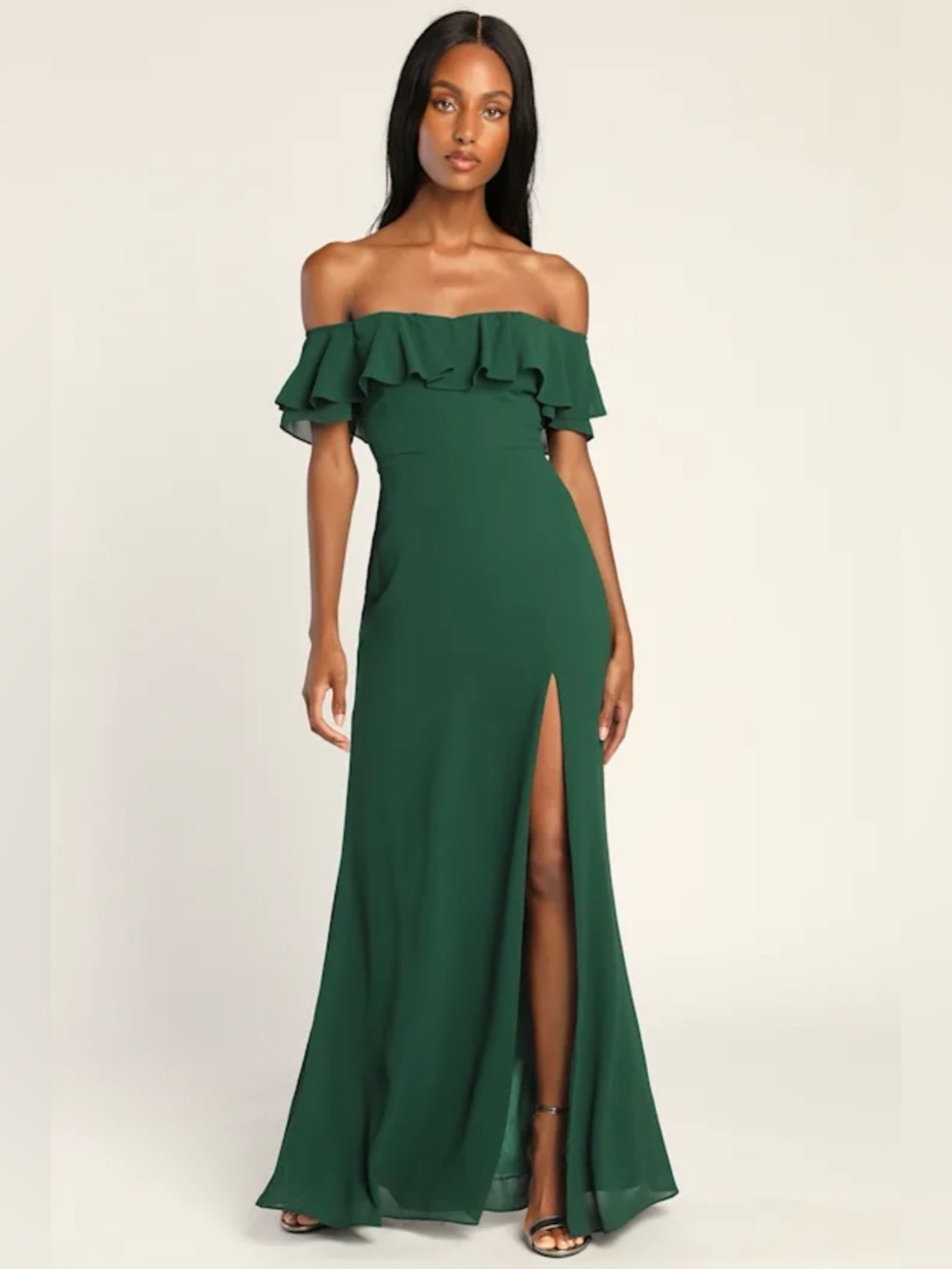 Lulu's Emerald Off-the-Shoulder Ruffle Gown with High Slit
